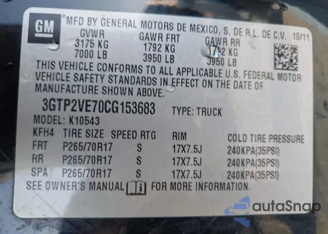 2012 GMC Sierra 1500 Sle z USA, uszkodzony, nr VIN 3GTP2VE70CG153683